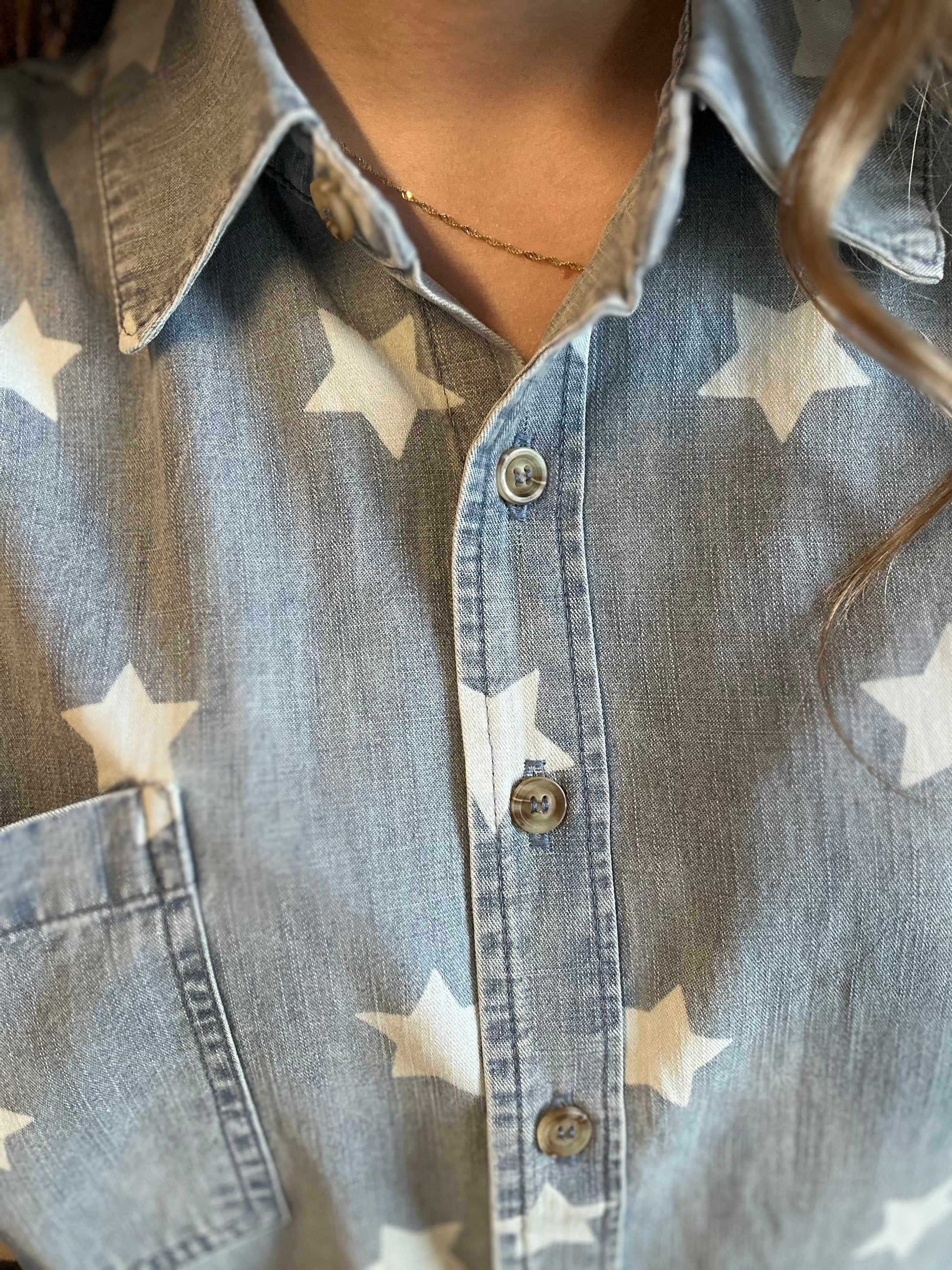 Georgia Washed Denim Star Top-Short Sleeves-Blu Pepper-The Funky Zebra Ames, Women's Fashion Boutique in Ames, Iowa