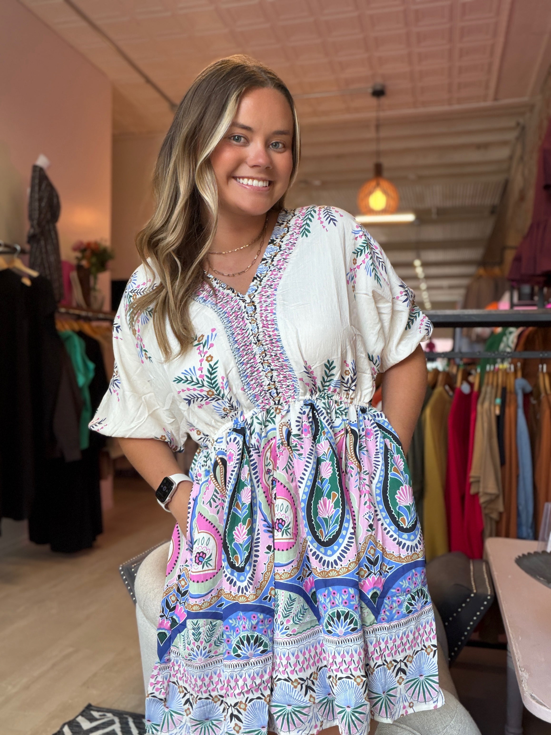 Hanna Paisley Border Print Dress-Dresses-Hayden-The Funky Zebra Ames, Women's Fashion Boutique in Ames, Iowa