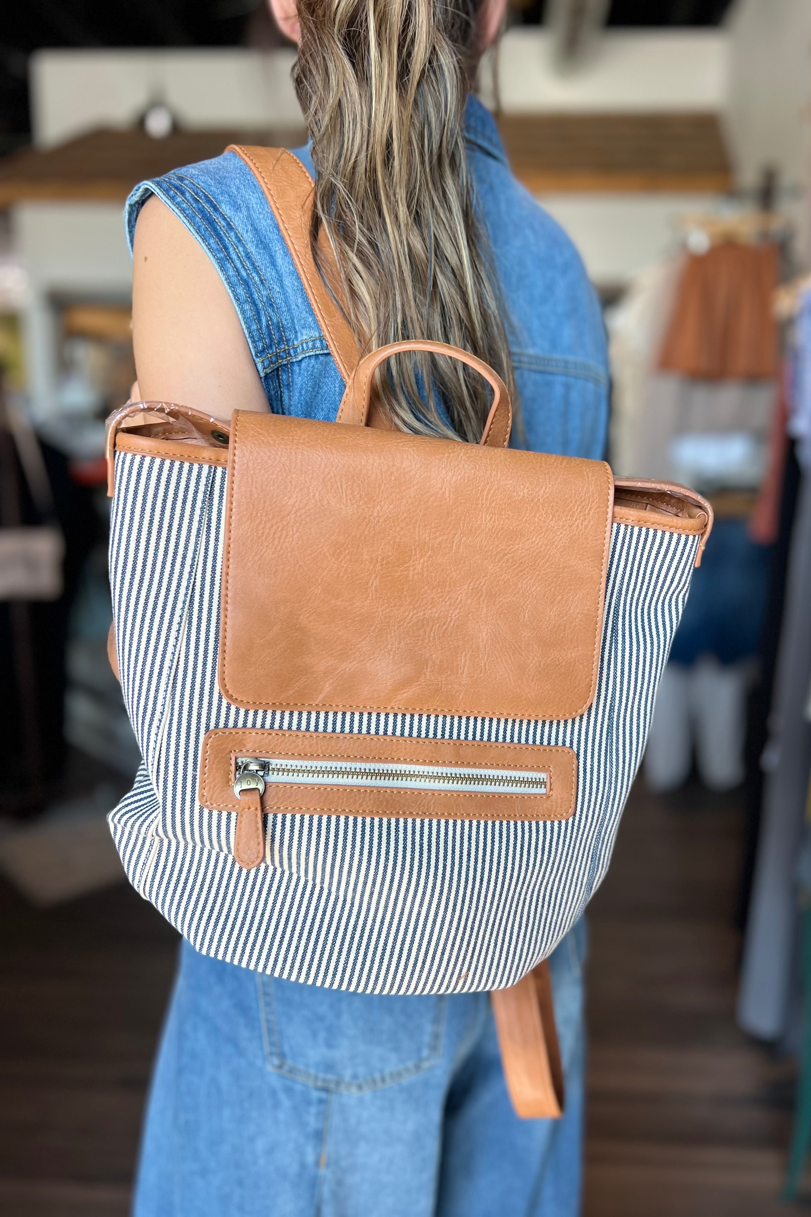 Denim Pinstripe Backpack-Joy Susan-The Funky Zebra Ames, Women's Fashion Boutique in Ames, Iowa