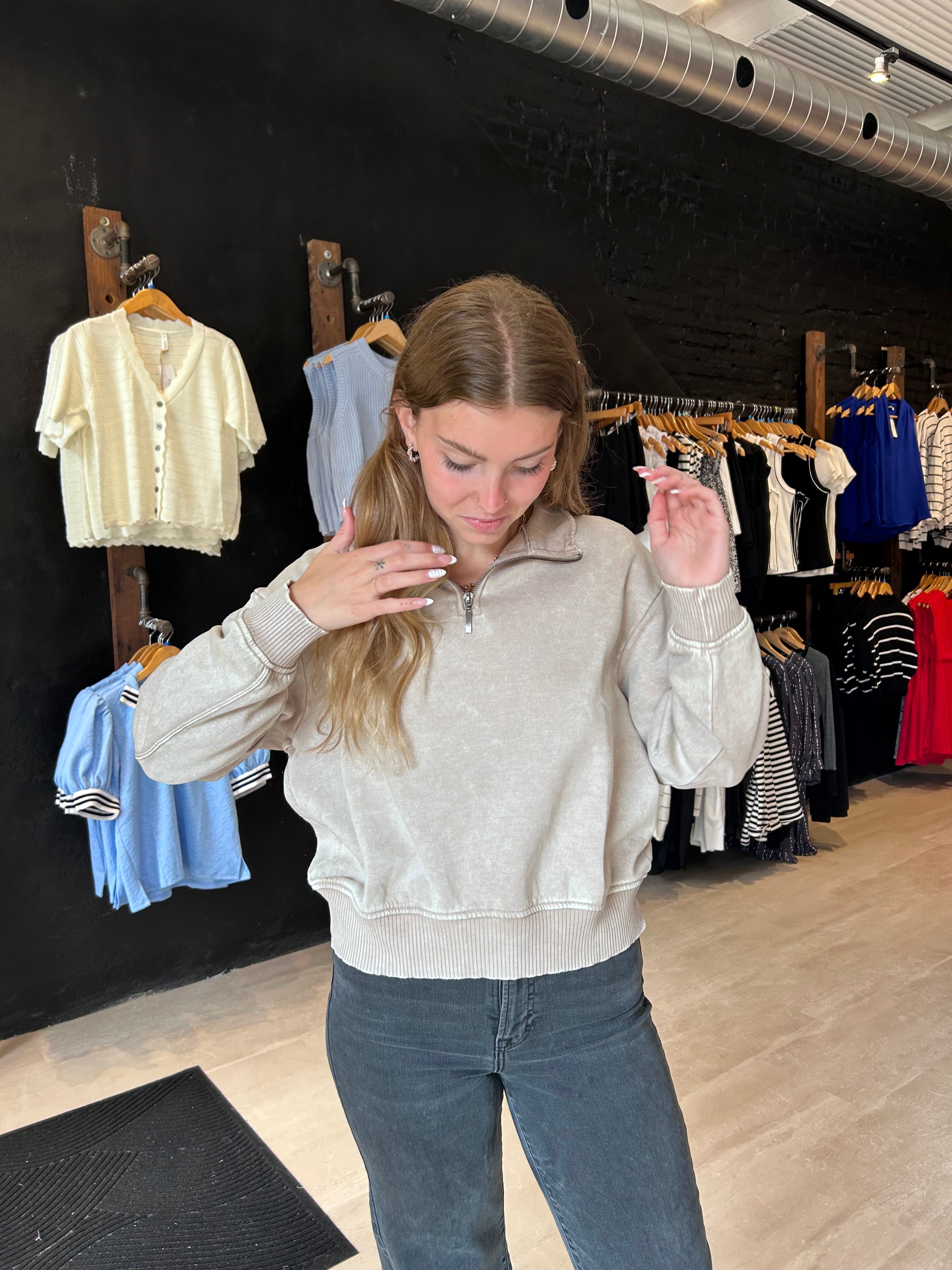 Brittany Washed Half Zip Pullover-Sweatshirt-Zenana-The Funky Zebra Ames, Women's Fashion Boutique in Ames, Iowa