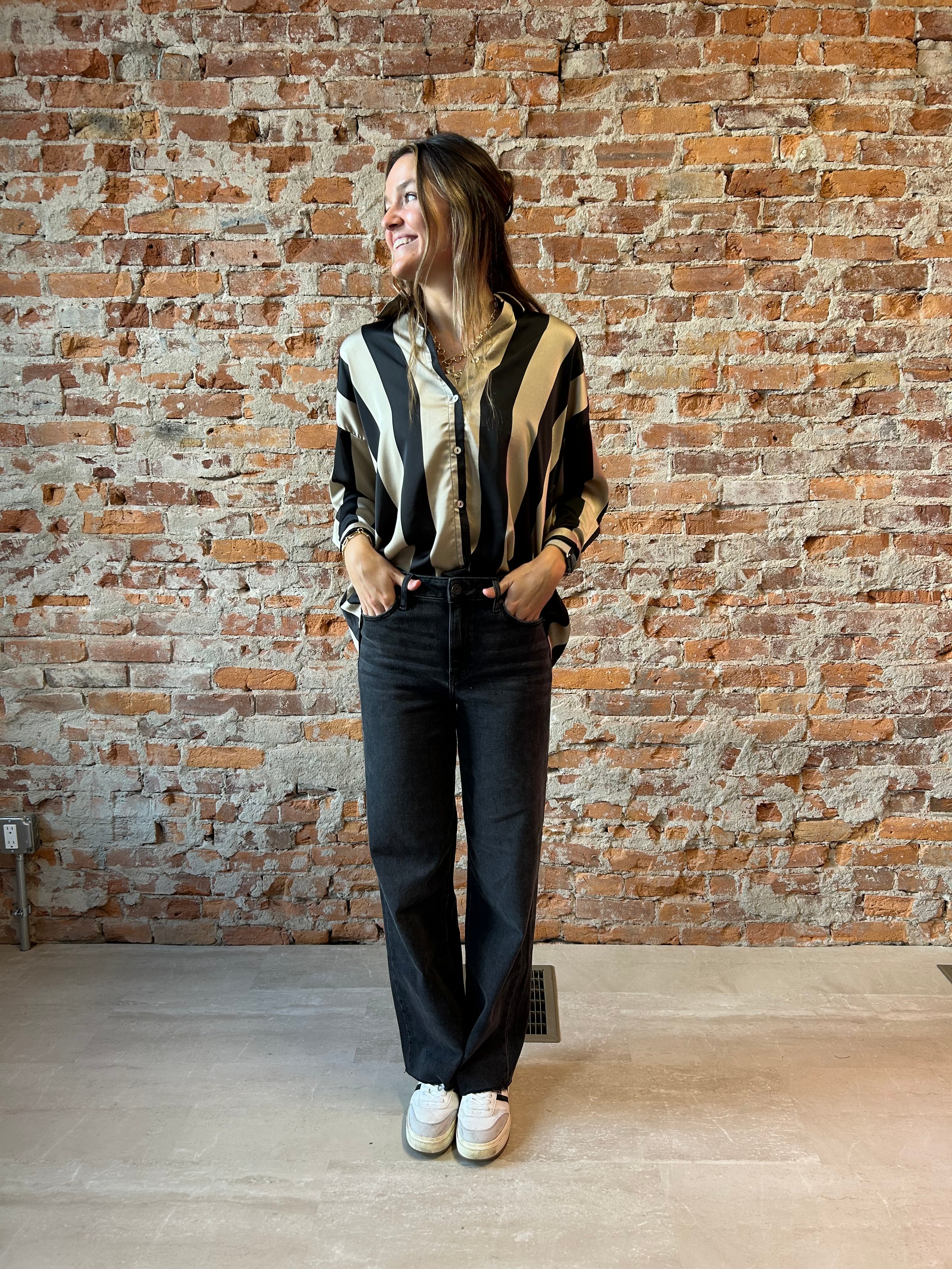 Lydia Oversized Stripe Satin Blouse-Blouse-Doe and Rae-The Funky Zebra Ames, Women's Fashion Boutique in Ames, Iowa
