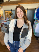 Michelle Patchwork Cardi-Blu Pepper-The Funky Zebra Ames, Women's Fashion Boutique in Ames, Iowa