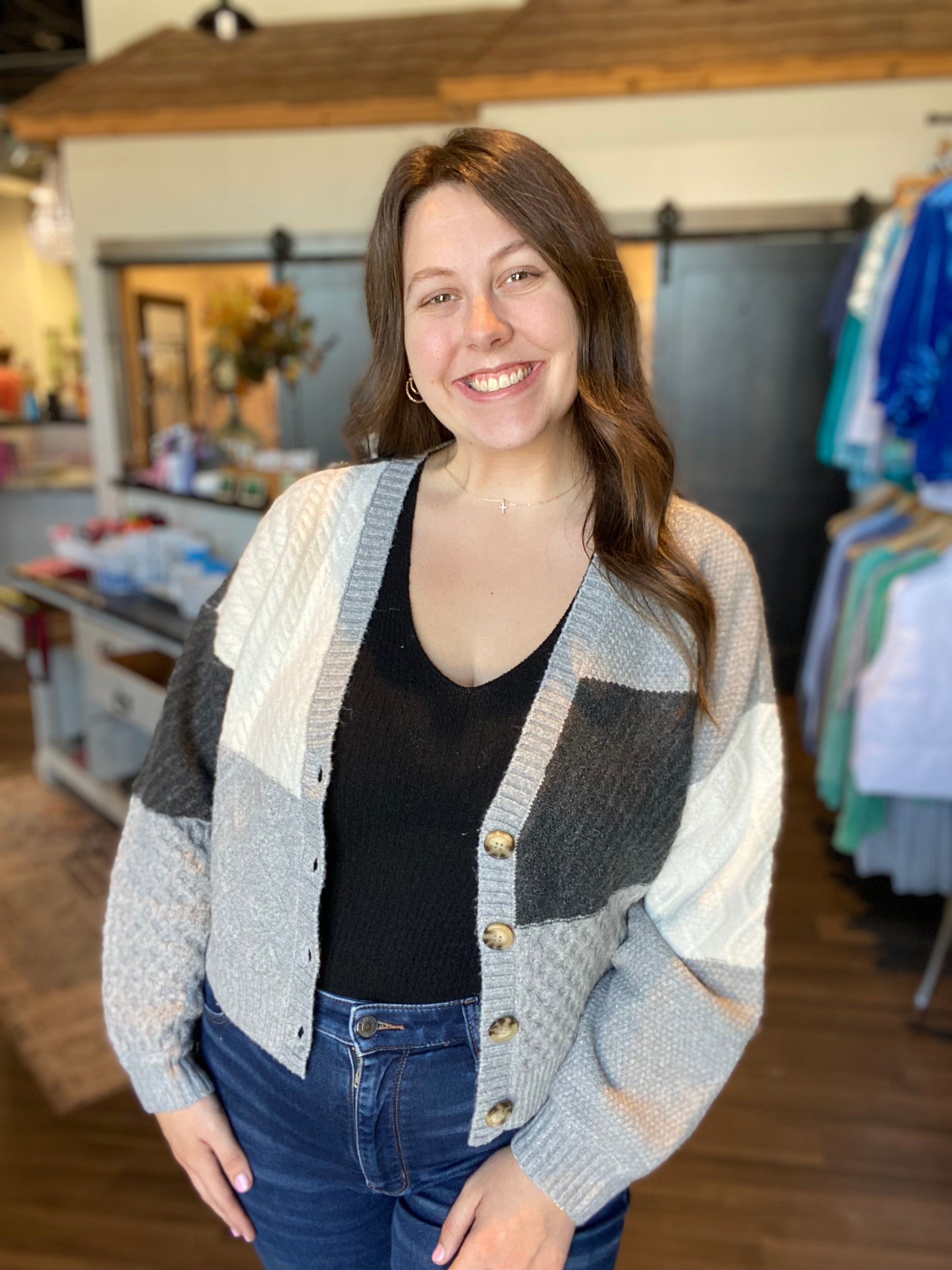 Michelle Patchwork Cardi-Blu Pepper-The Funky Zebra Ames, Women's Fashion Boutique in Ames, Iowa