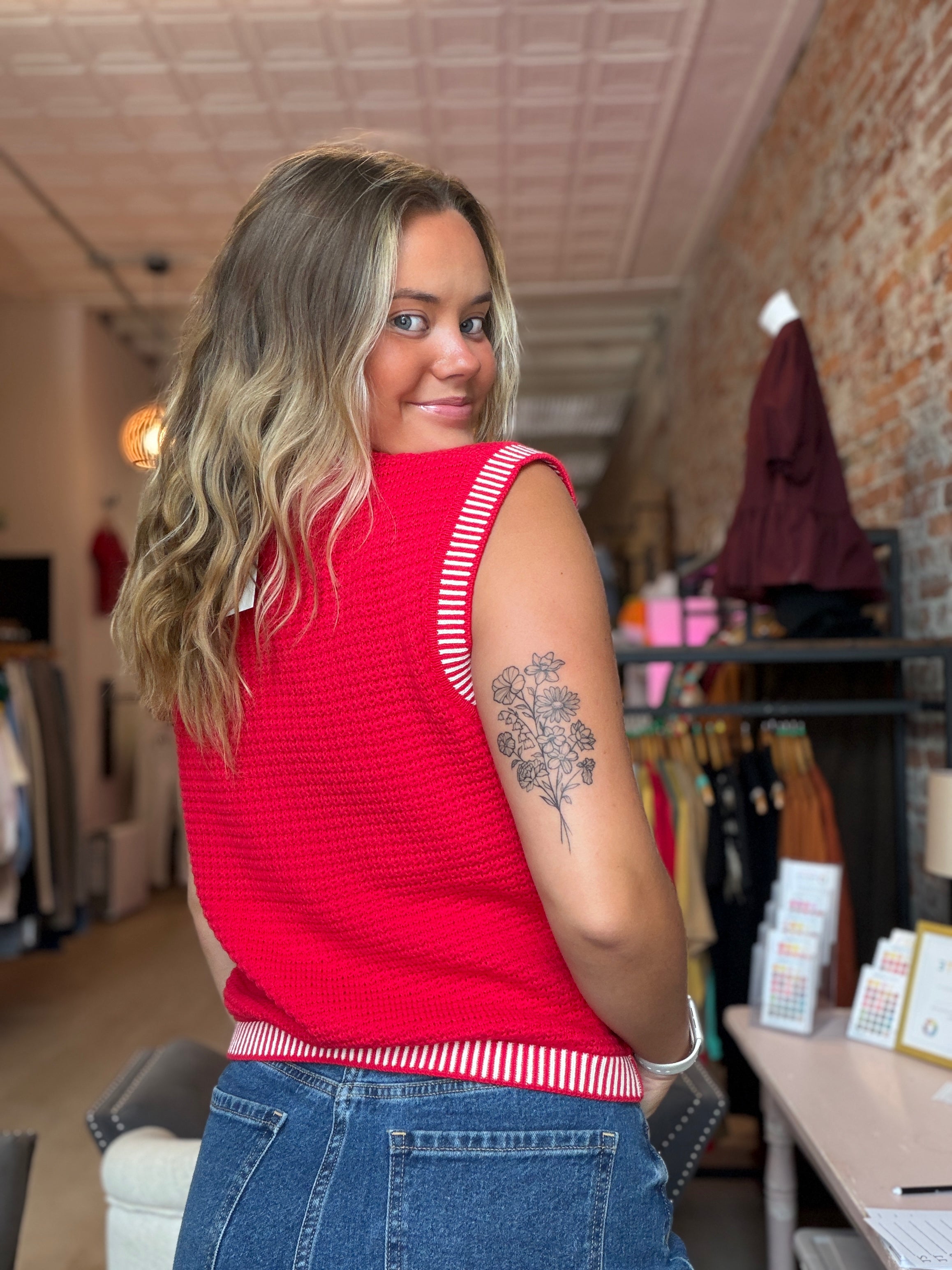 Miranda Red Button Down Swater Vest-Vests-Staccato-The Funky Zebra Ames, Women's Fashion Boutique in Ames, Iowa