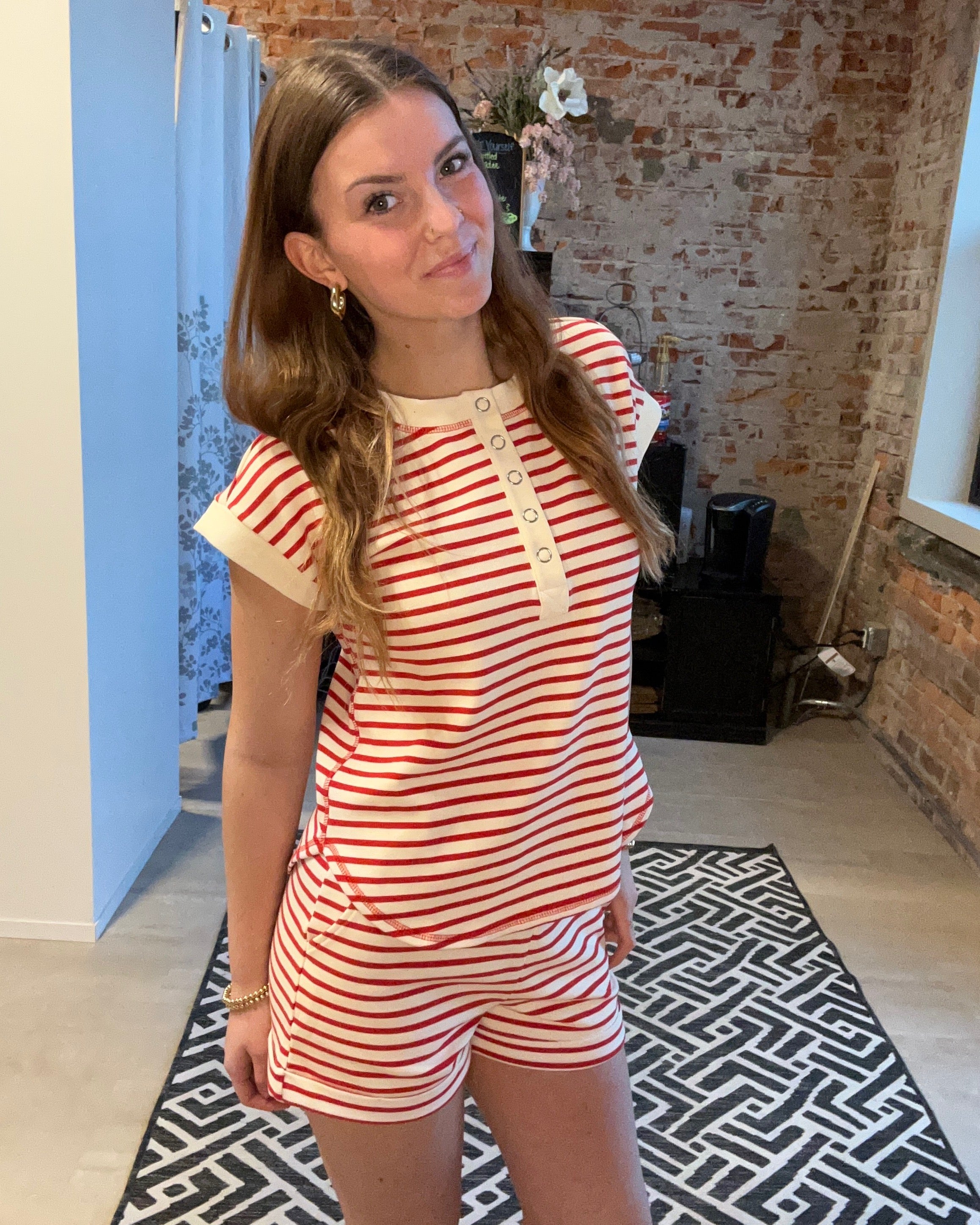 Ryan Striped Henley-Short Sleeves-Blu Pepper-The Funky Zebra Ames, Women's Fashion Boutique in Ames, Iowa