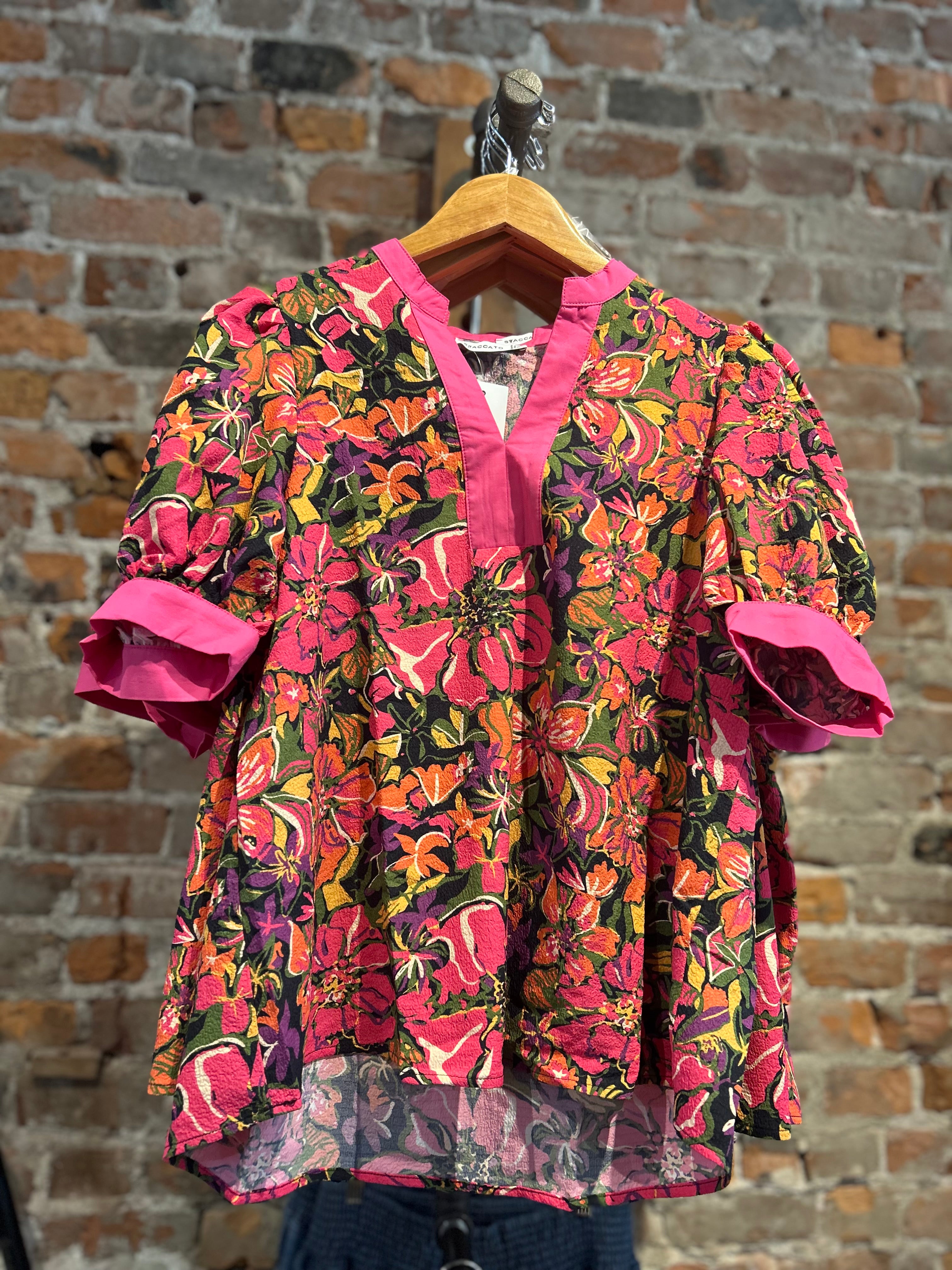 Penni Mandarin Neck Floral Printed Top-Short Sleeves-Staccato-The Funky Zebra Ames, Women's Fashion Boutique in Ames, Iowa