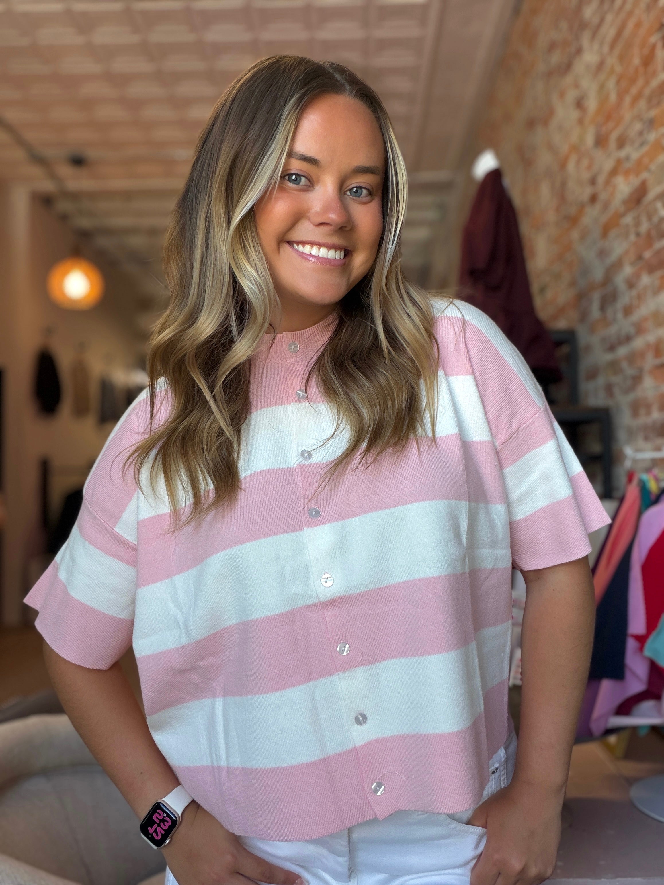Bronwyn Pink & White Color Block Short Sleeve Sweater-Sweaters-Hayden-The Funky Zebra Ames, Women's Fashion Boutique in Ames, Iowa