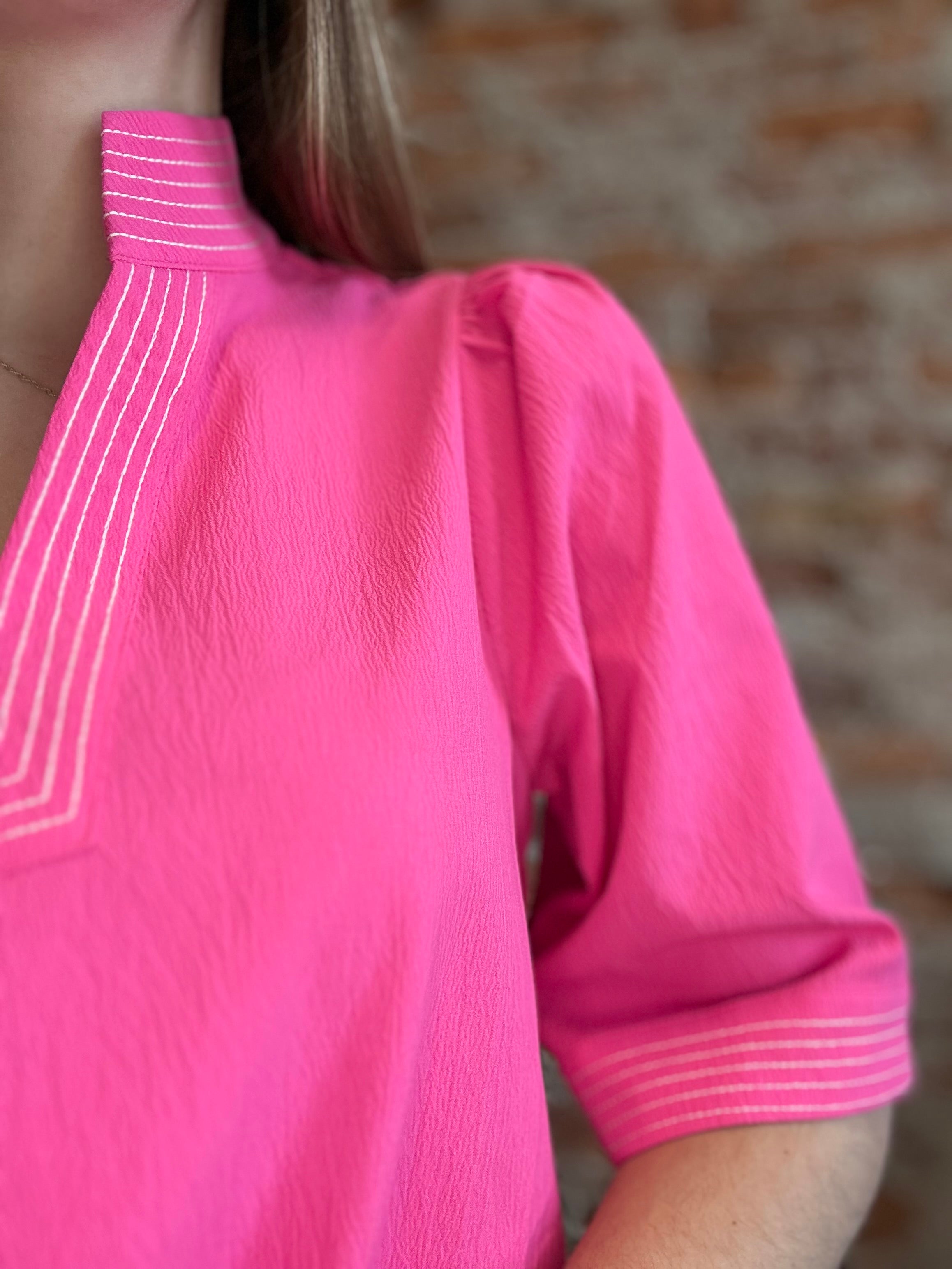 Tina Stitch Detail Pink Puff Sleeve Top-Jodifl-The Funky Zebra Ames, Women's Fashion Boutique in Ames, Iowa
