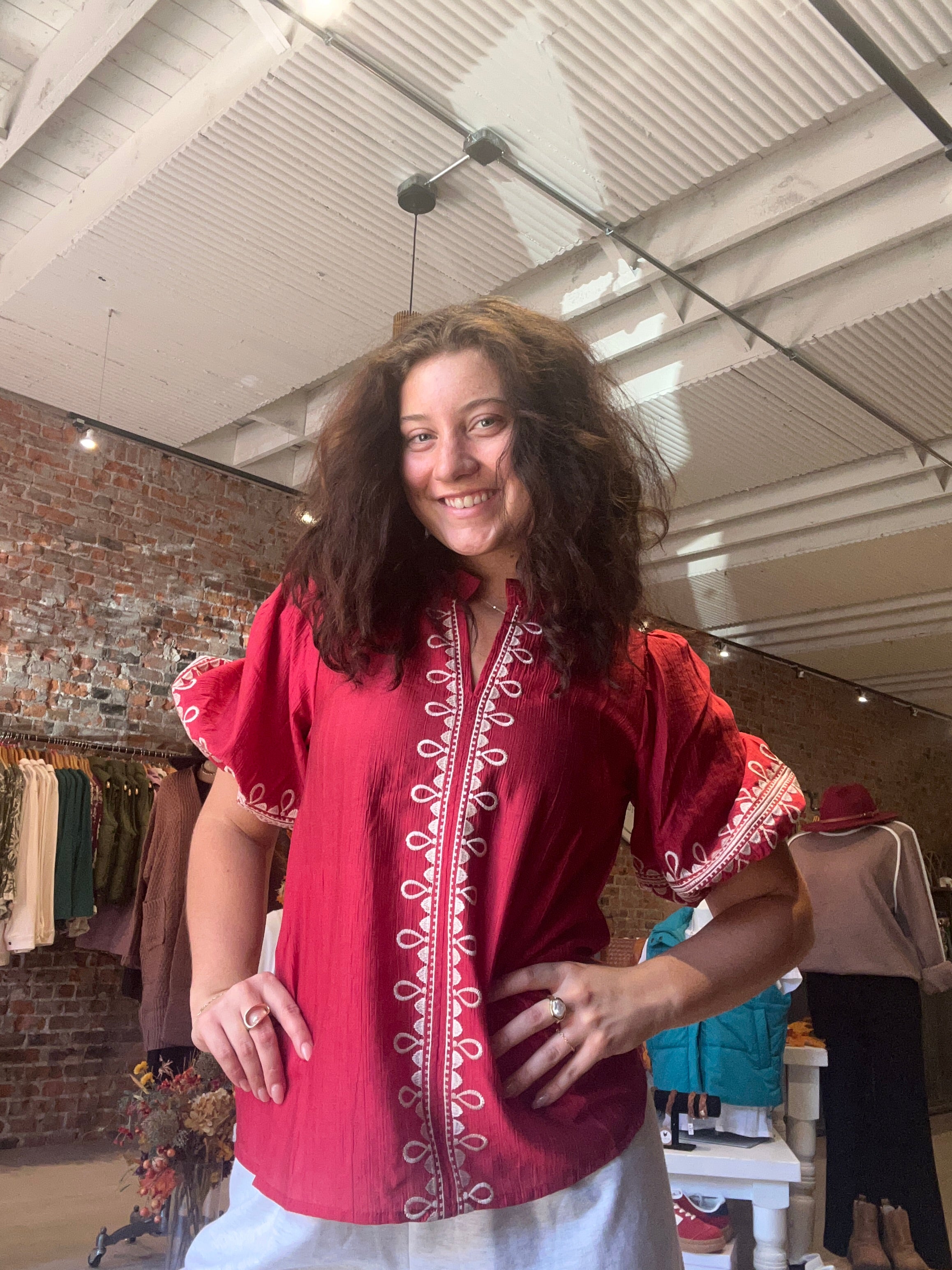 Hanna Red Embroidered Puff Sleeve-Long Sleeves-Oddi-The Funky Zebra Ames, Women's Fashion Boutique in Ames, Iowa