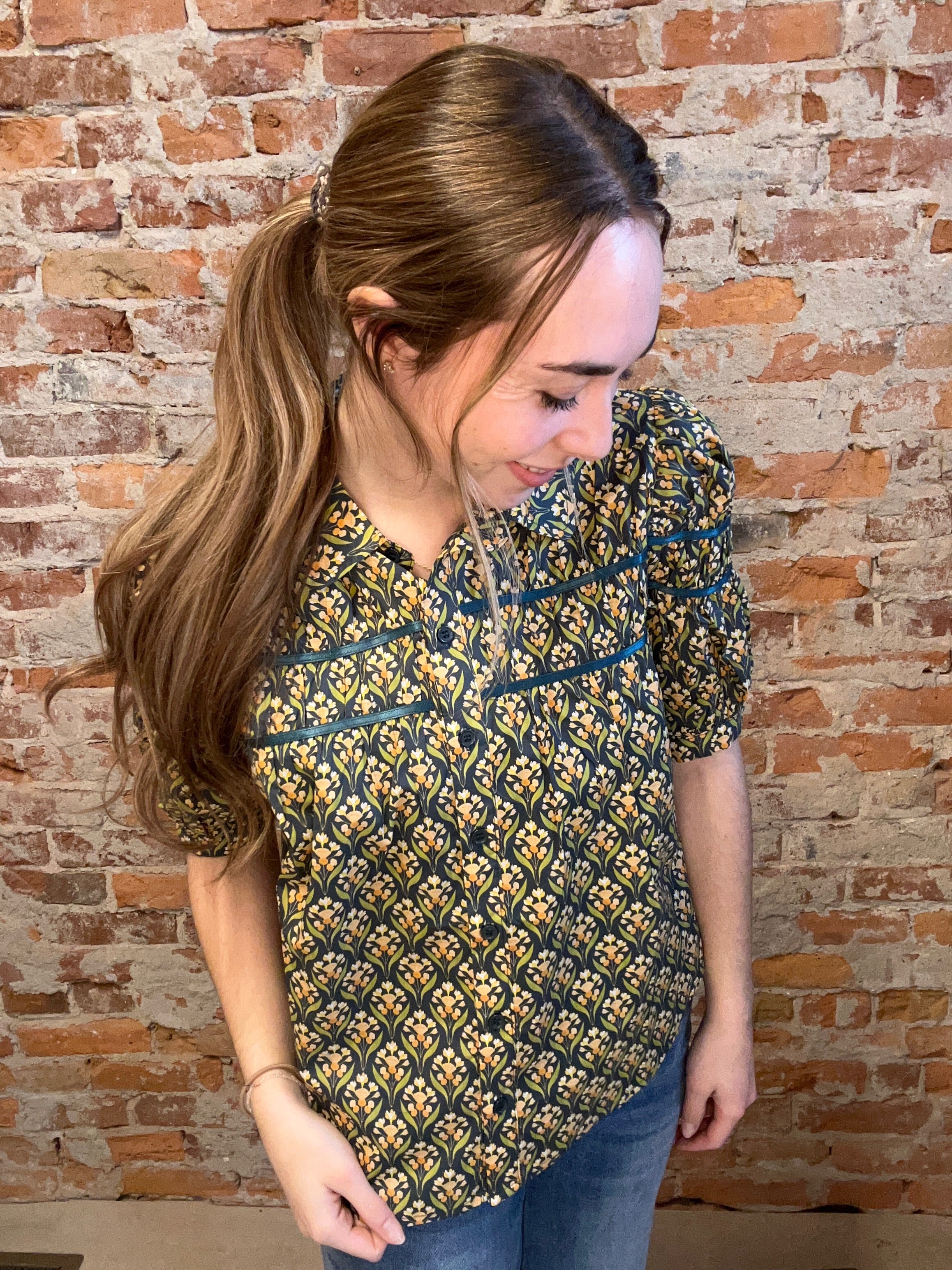 Tina Teal Multicolored Puff Sleeve-Short Sleeves-fate-The Funky Zebra Ames, Women's Fashion Boutique in Ames, Iowa