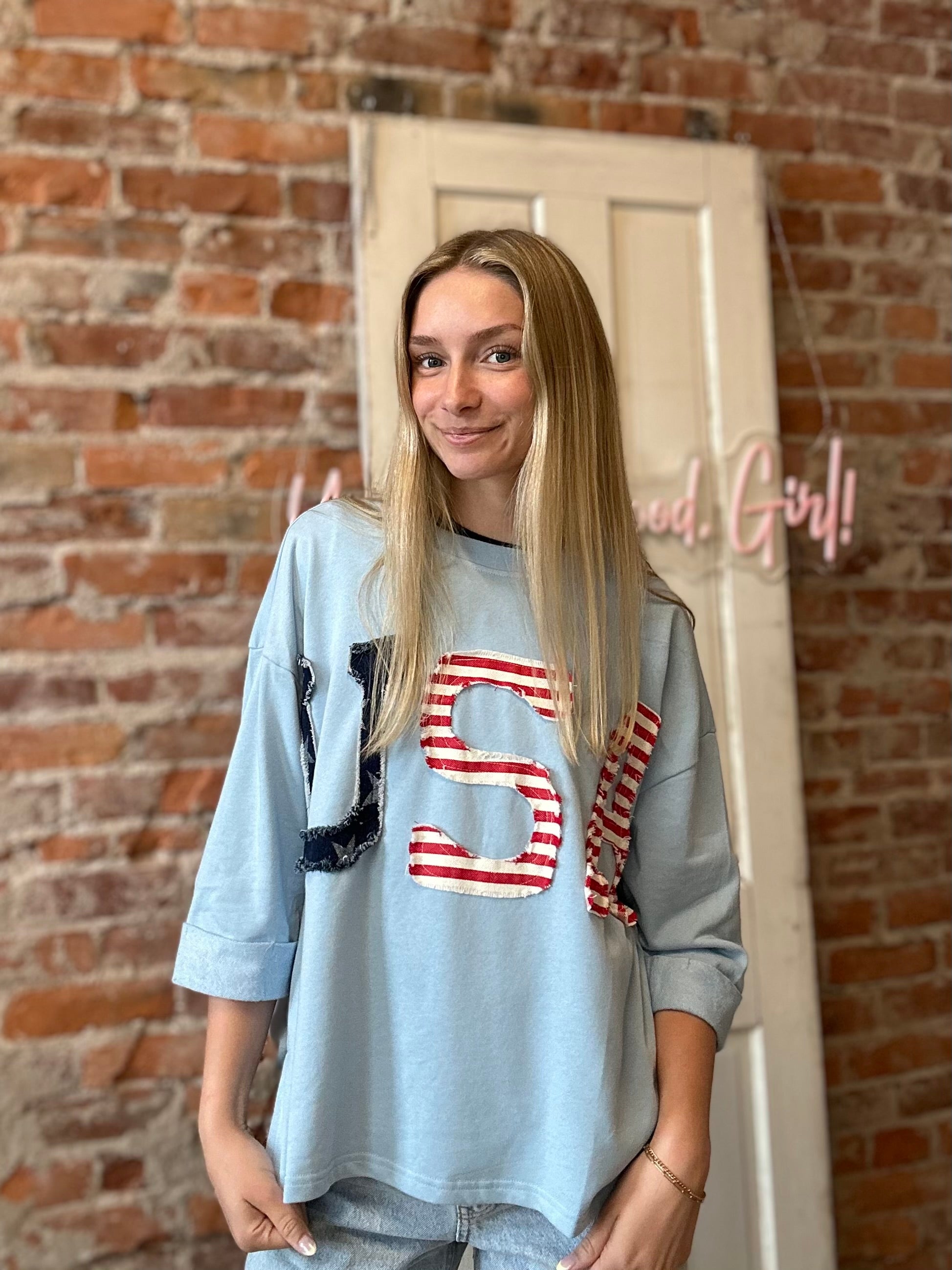 USA Patched Blue Top-Jodifl-The Funky Zebra Ames, Women's Fashion Boutique in Ames, Iowa