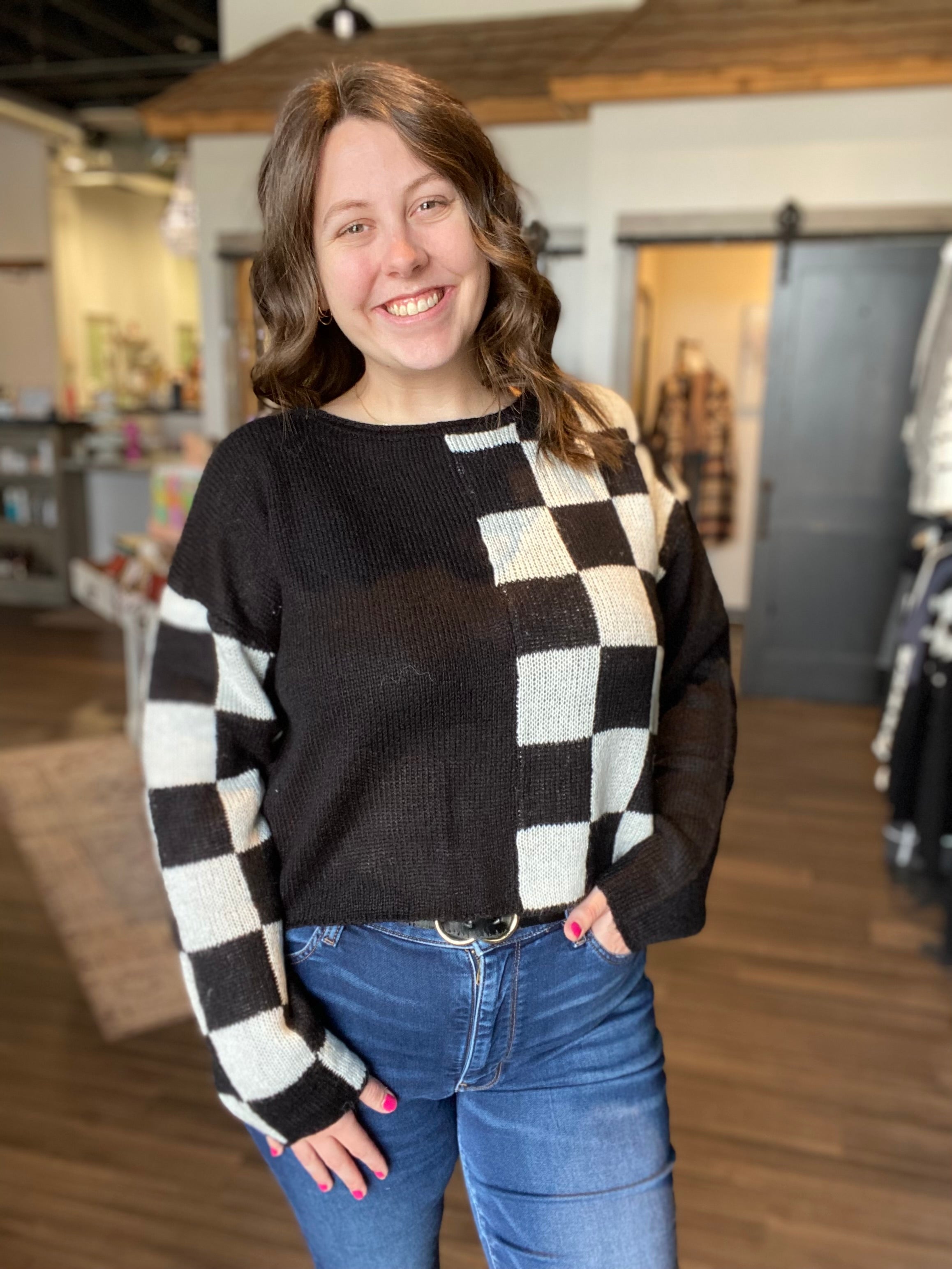 Madison Checkered Colorblock Sweater-Blu Pepper-The Funky Zebra Ames, Women's Fashion Boutique in Ames, Iowa