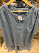 Sherry Chambray Henley-apparel-Blu Pepper-The Funky Zebra Ames, Women's Fashion Boutique in Ames, Iowa