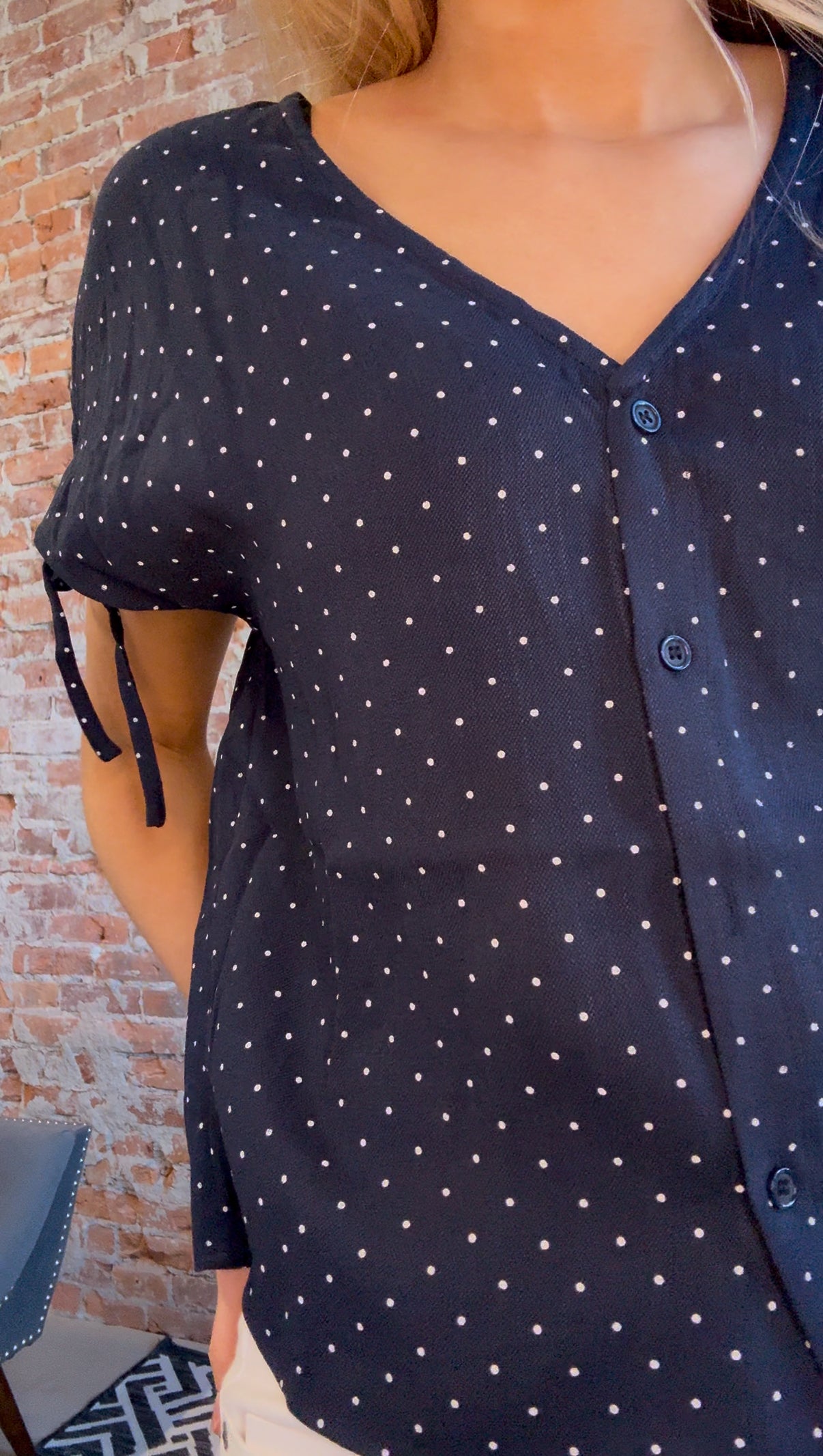 Celene Navy Tie Button Front Short Sleeve Top-Short Sleeves-Molly Bracken-The Funky Zebra Ames, Women's Fashion Boutique in Ames, Iowa