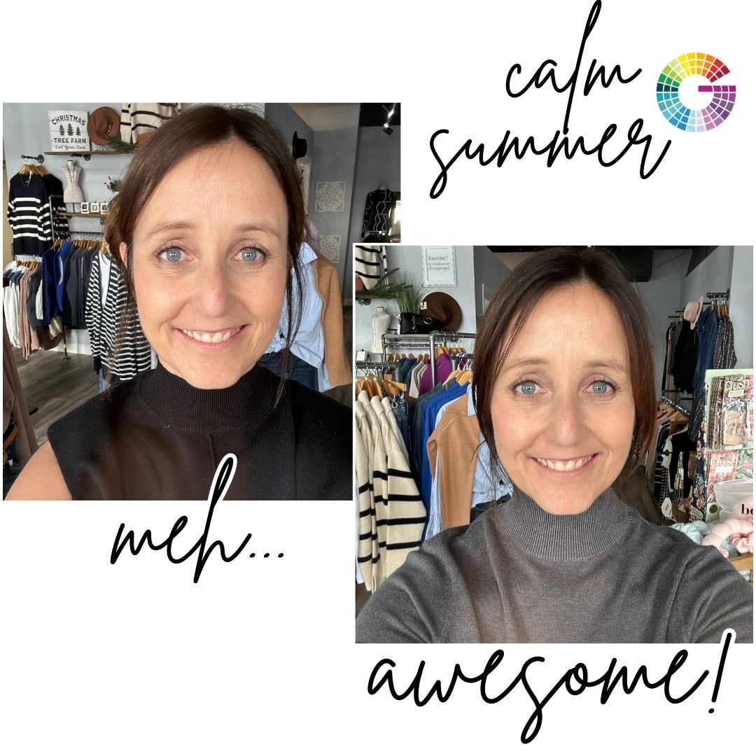 Two images of a woman in different outfits with text 'meh...' and 'awesome!' and brand logo.