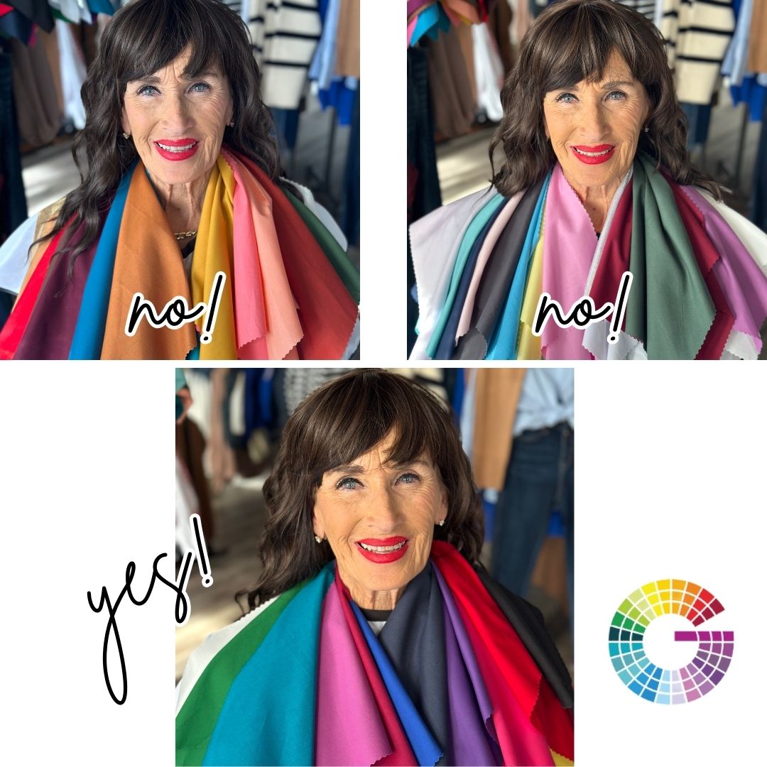 Woman wearing a colorful drapes  with text 'no!' and 'yes!' in a collage, with a color swatch logo on a white background.