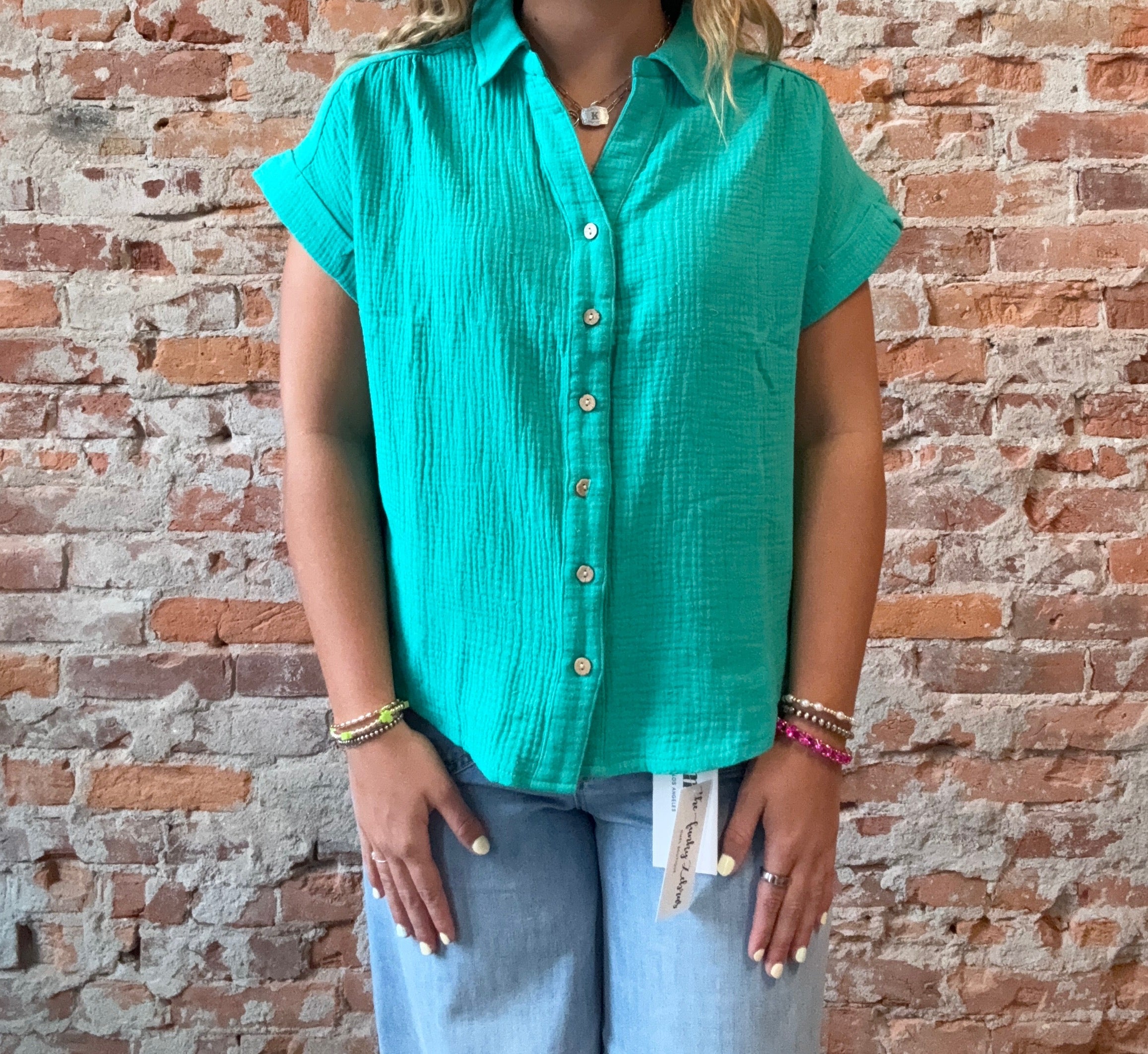 Simone Short Sleeve Gauze Button Down-Cozy Co-The Funky Zebra Ames, Women's Fashion Boutique in Ames, Iowa