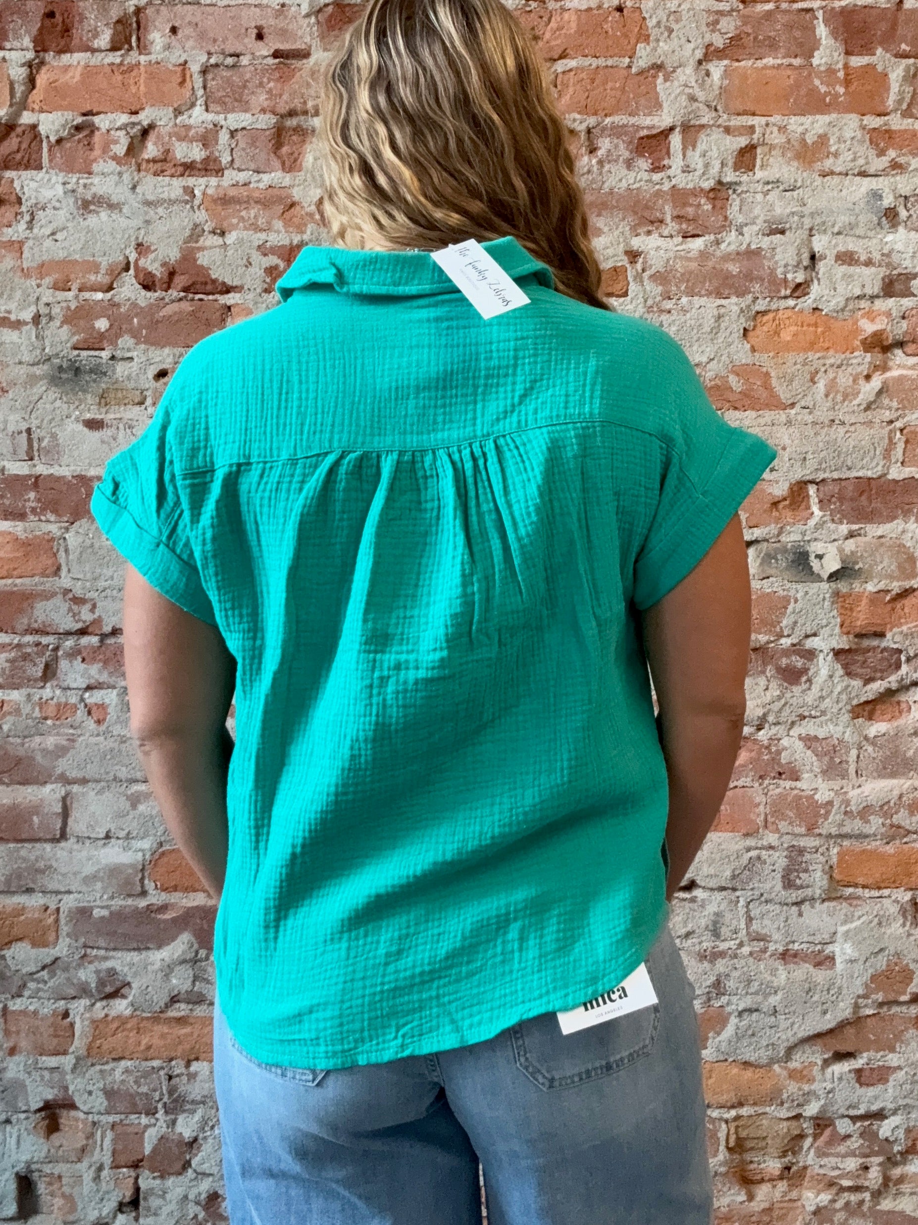 Simone Short Sleeve Gauze Button Down-Cozy Co-The Funky Zebra Ames, Women's Fashion Boutique in Ames, Iowa