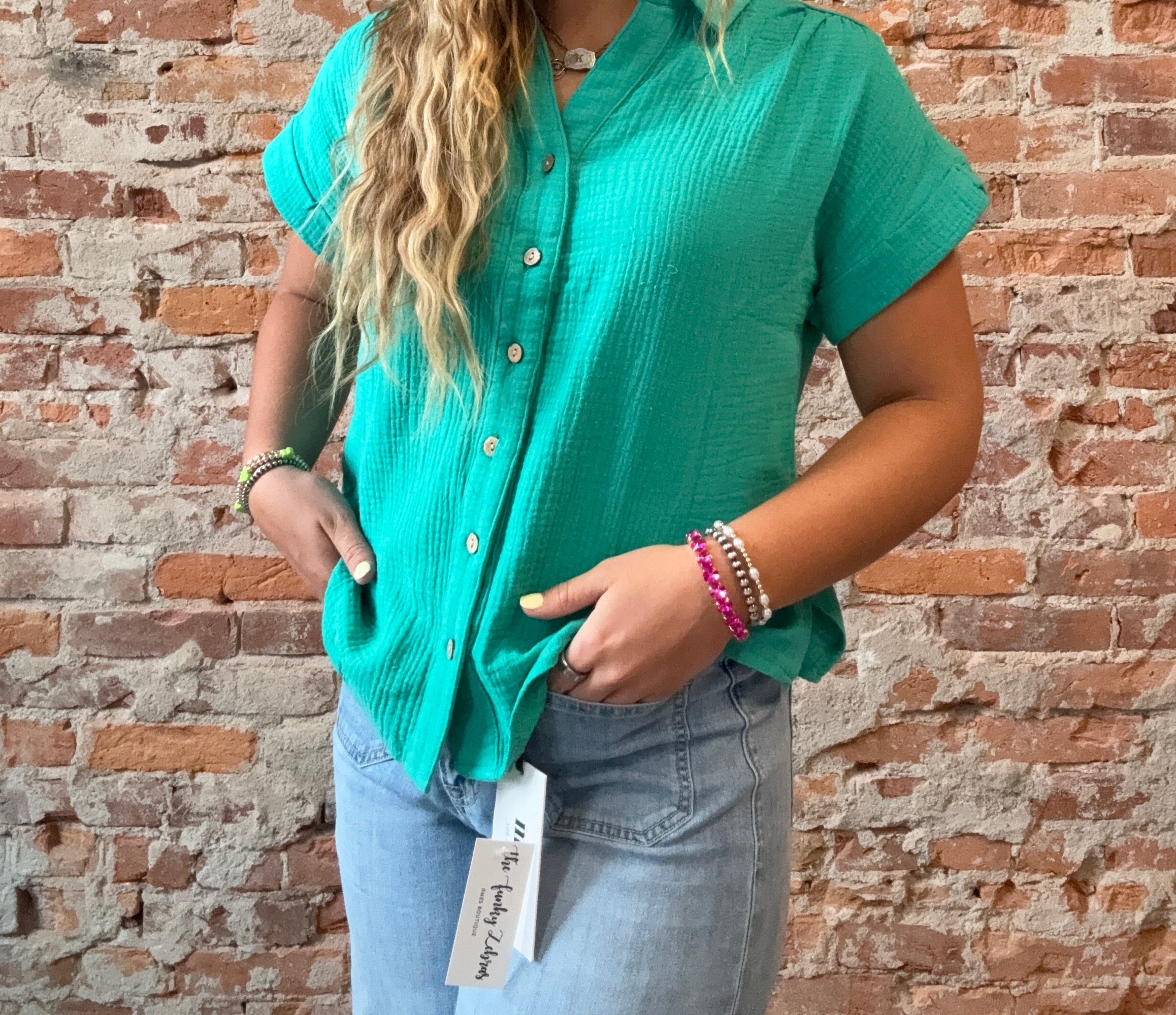 Simone Short Sleeve Gauze Button Down-Cozy Co-The Funky Zebra Ames, Women's Fashion Boutique in Ames, Iowa