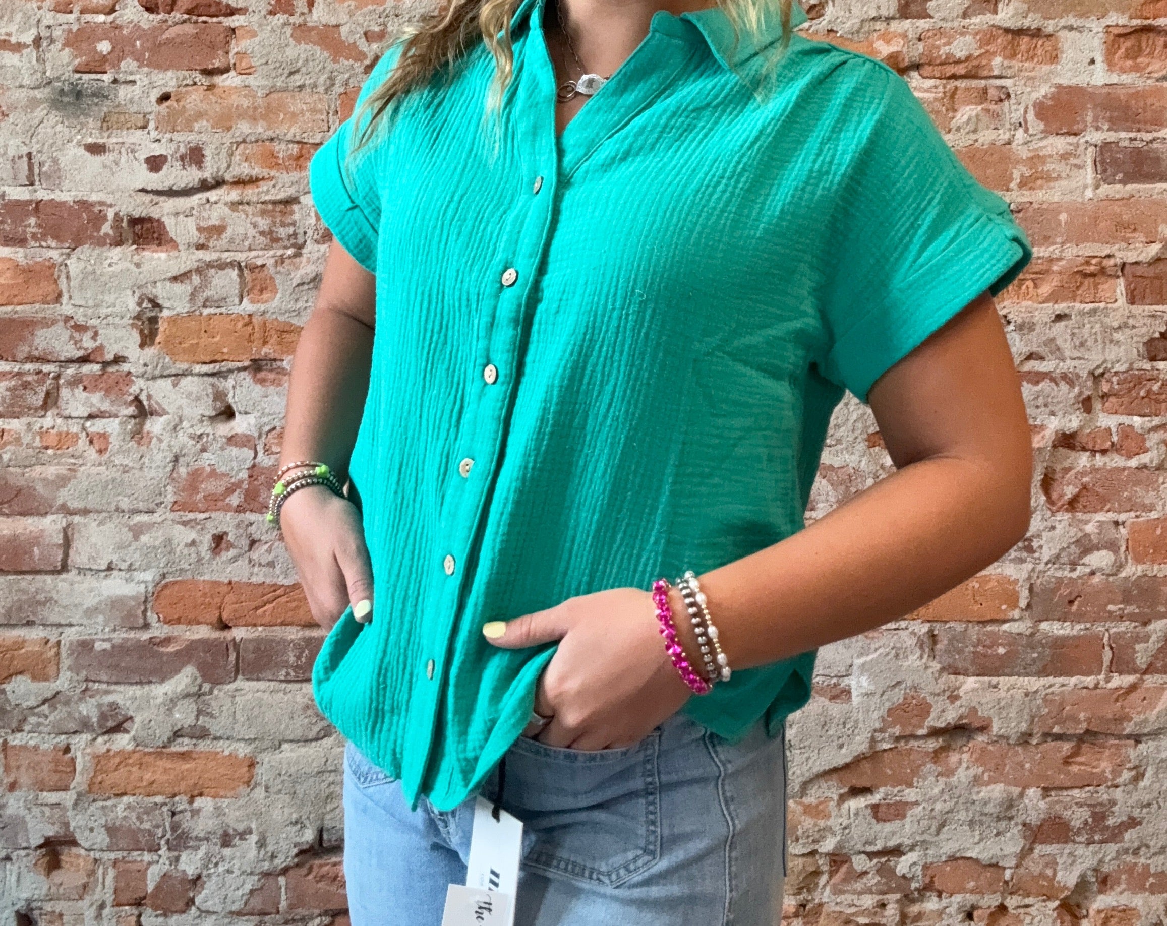 Simone Short Sleeve Gauze Button Down-Cozy Co-The Funky Zebra Ames, Women's Fashion Boutique in Ames, Iowa