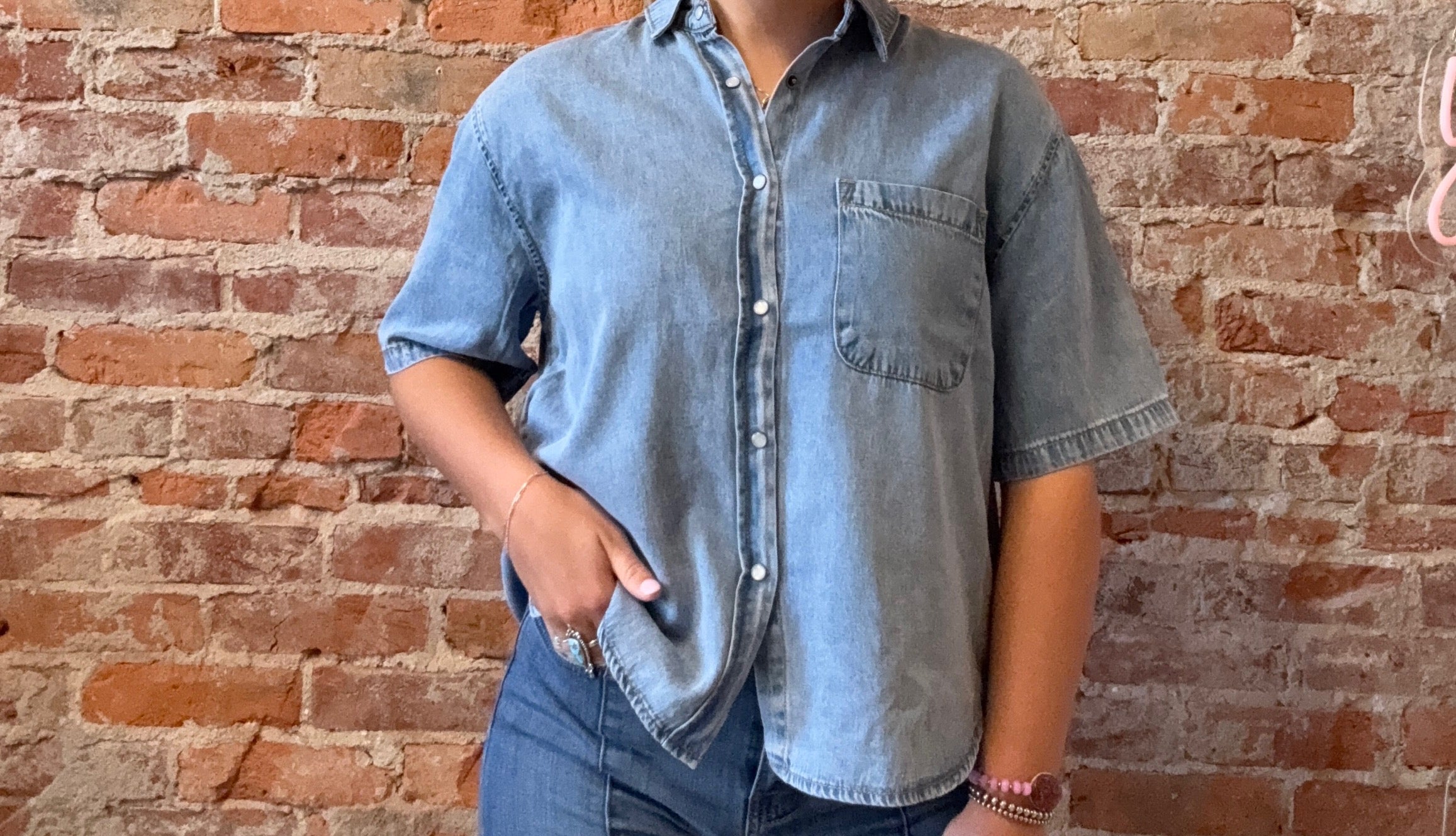 Celeste Blue Woven Denim Top-Short Sleeves-Molly Bracken-The Funky Zebra Ames, Women's Fashion Boutique in Ames, Iowa