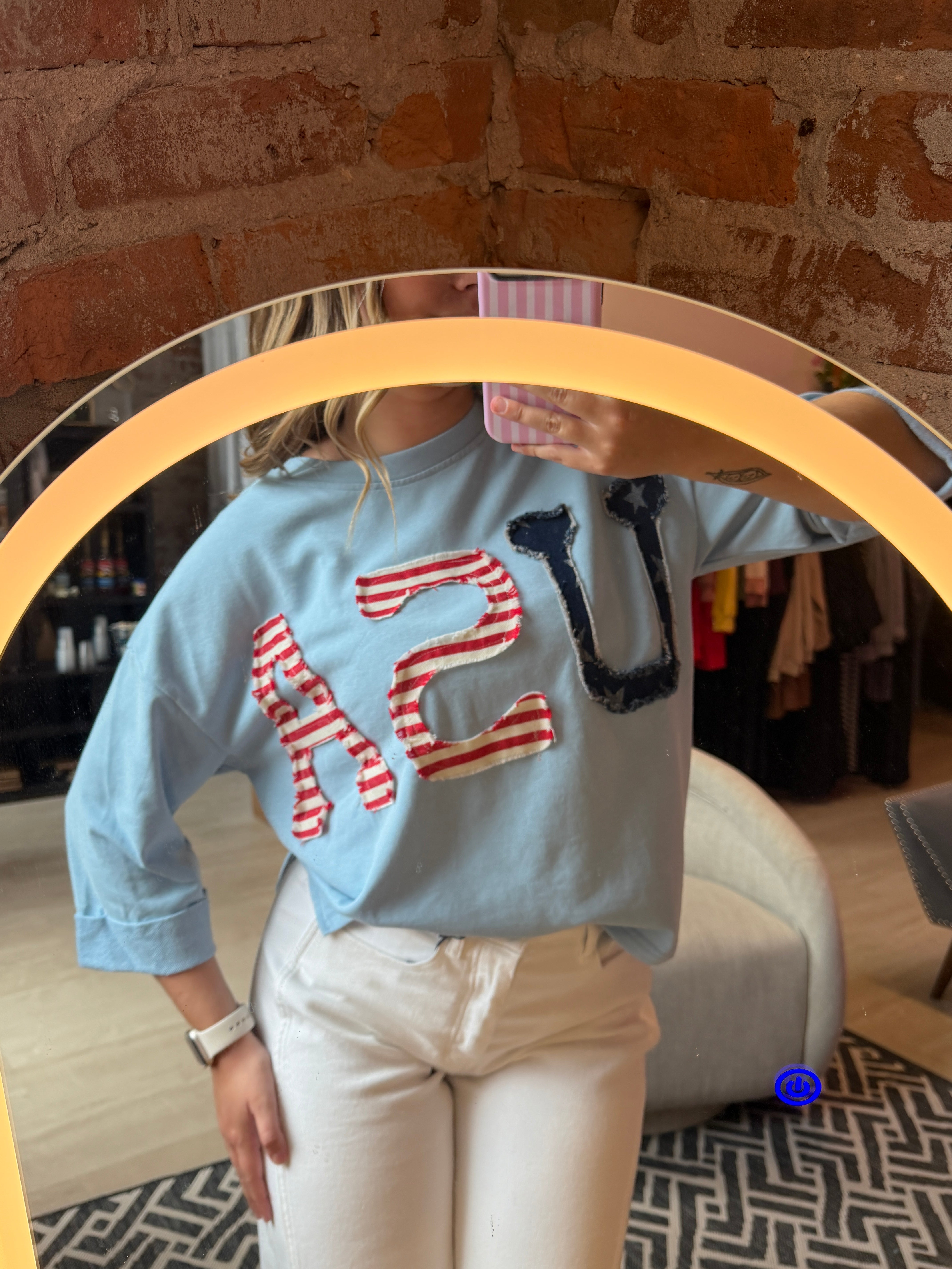 USA Patched Blue Top-Jodifl-The Funky Zebra Ames, Women's Fashion Boutique in Ames, Iowa