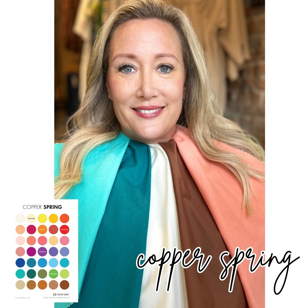 Woman with color analysis drapes covering her shoulders. Copper spring. 