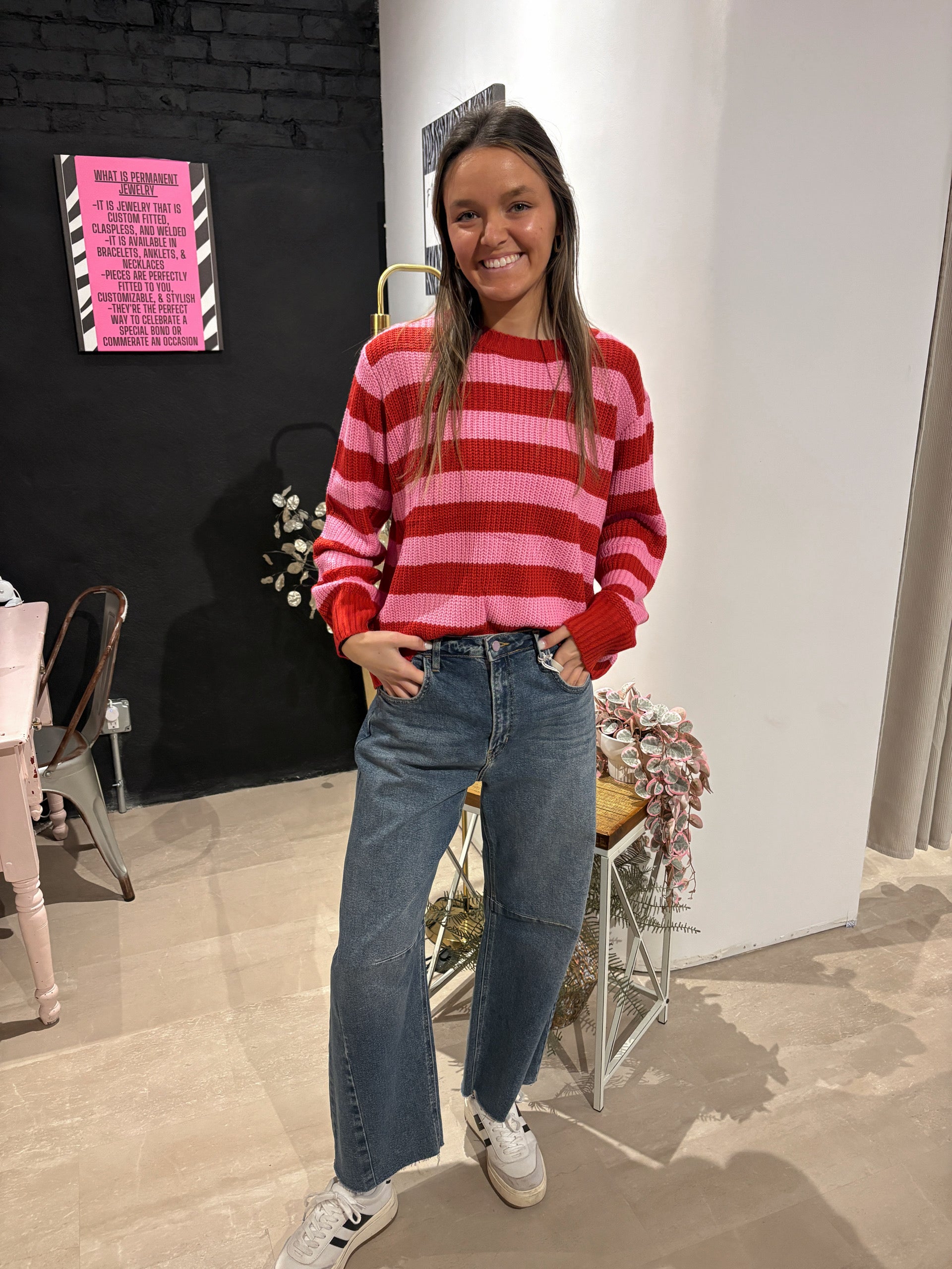 Claire Pink & Red Striped Sweater-Sweaters-Panache Apparel Co.-The Funky Zebra Ames, Women's Fashion Boutique in Ames, Iowa