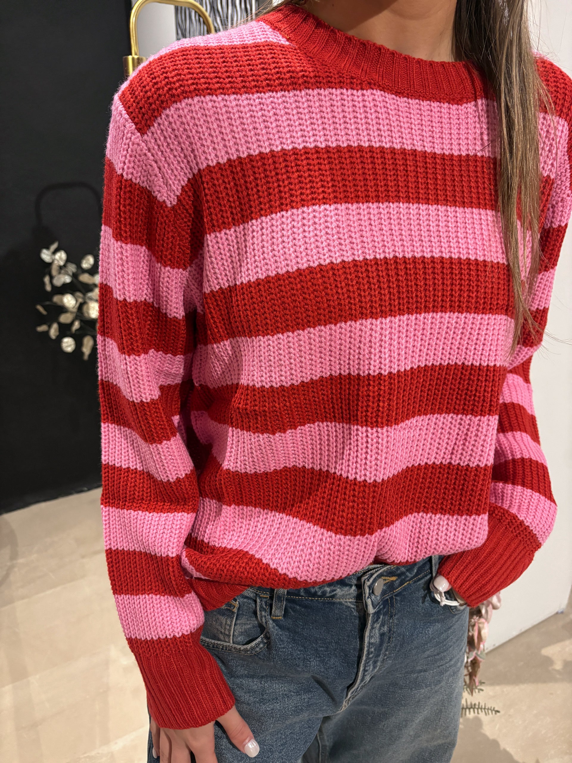 Claire Pink & Red Striped Sweater-Sweaters-Panache Apparel Co.-The Funky Zebra Ames, Women's Fashion Boutique in Ames, Iowa