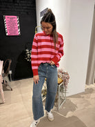 Claire Pink & Red Striped Sweater-Sweaters-Panache Apparel Co.-The Funky Zebra Ames, Women's Fashion Boutique in Ames, Iowa