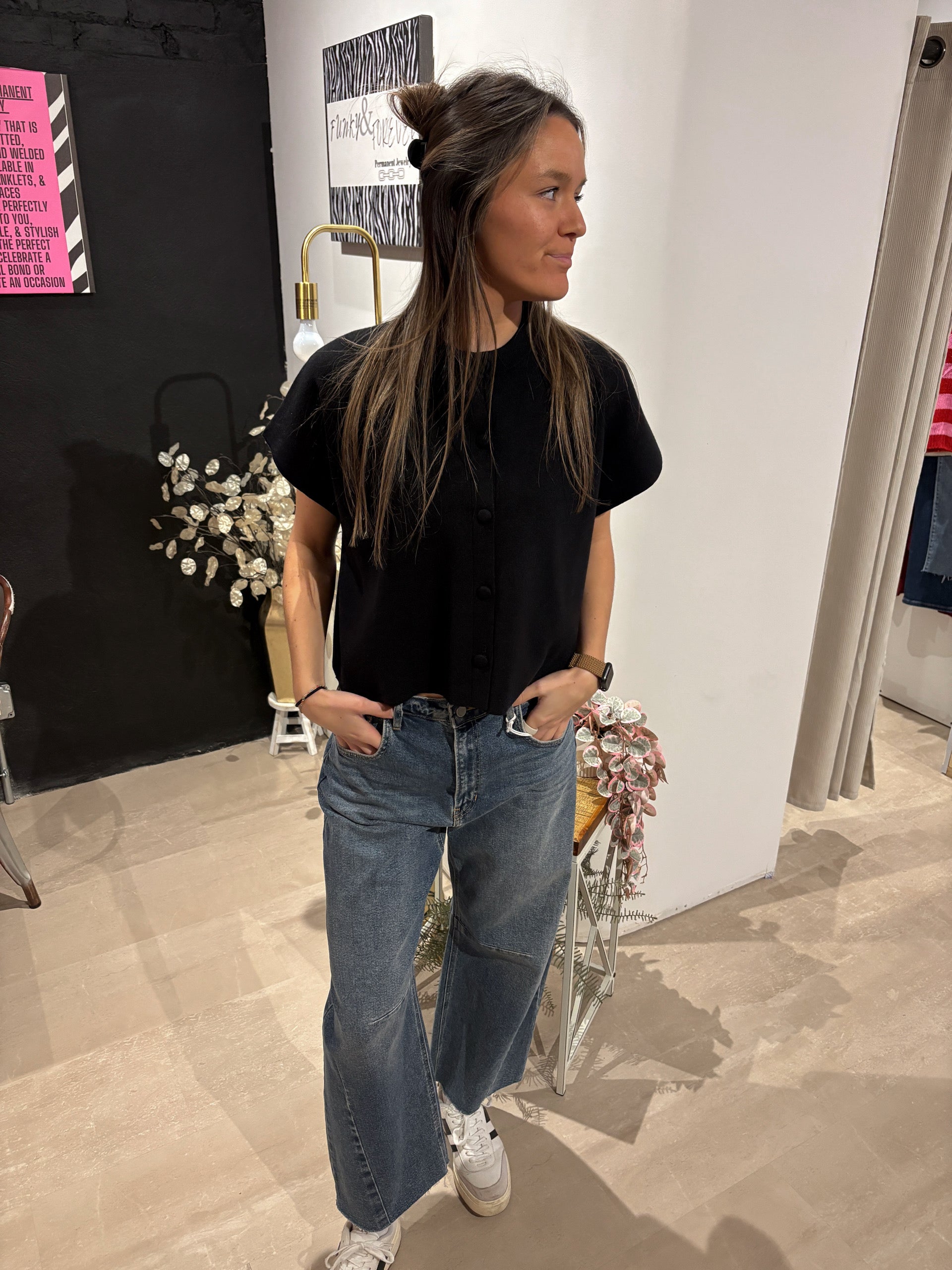 Mollie Button Down Cap Sleeve Top-Sweaters-Pinch-The Funky Zebra Ames, Women's Fashion Boutique in Ames, Iowa