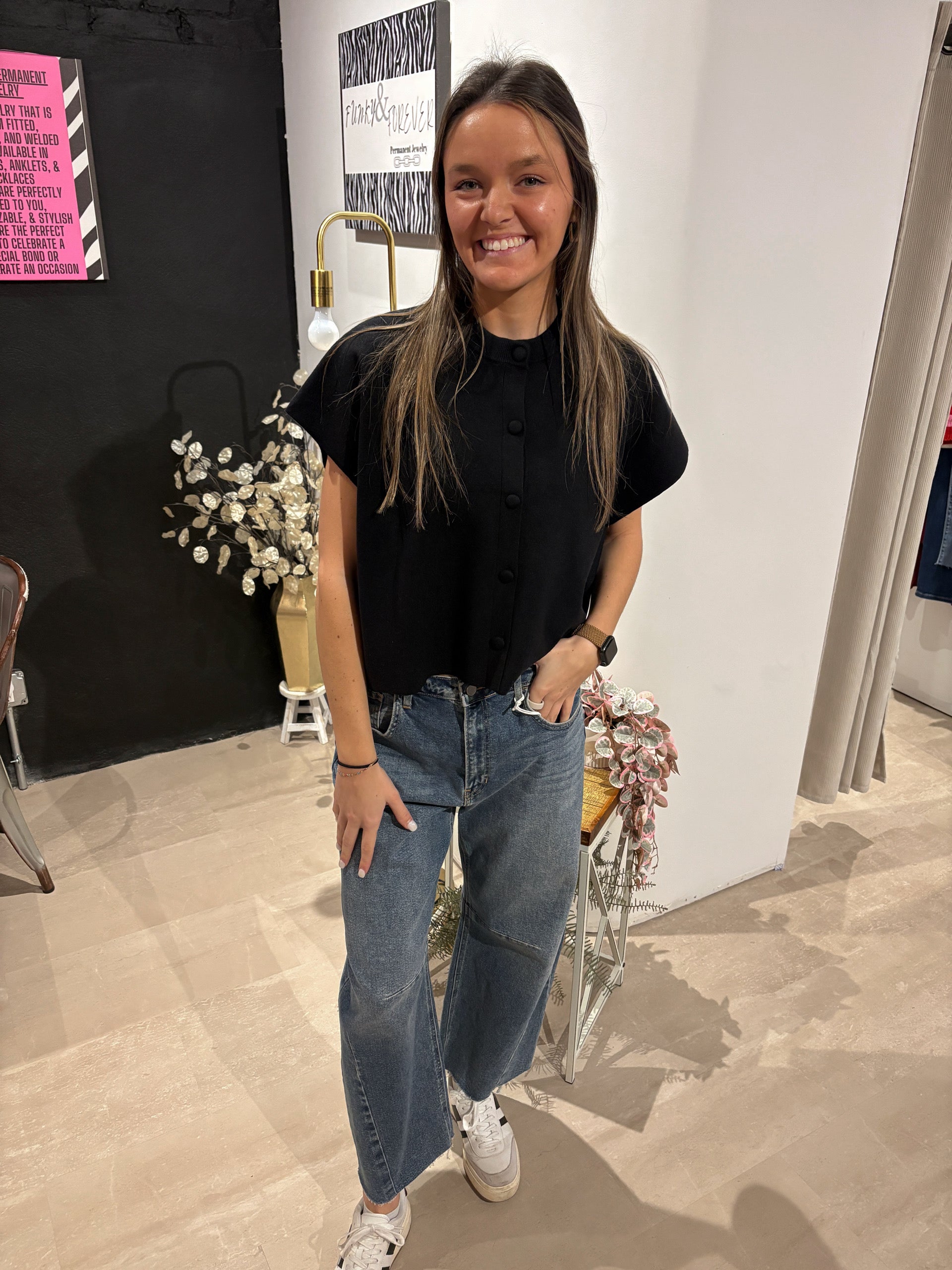 Mollie Button Down Cap Sleeve Top-Sweaters-Pinch-The Funky Zebra Ames, Women's Fashion Boutique in Ames, Iowa