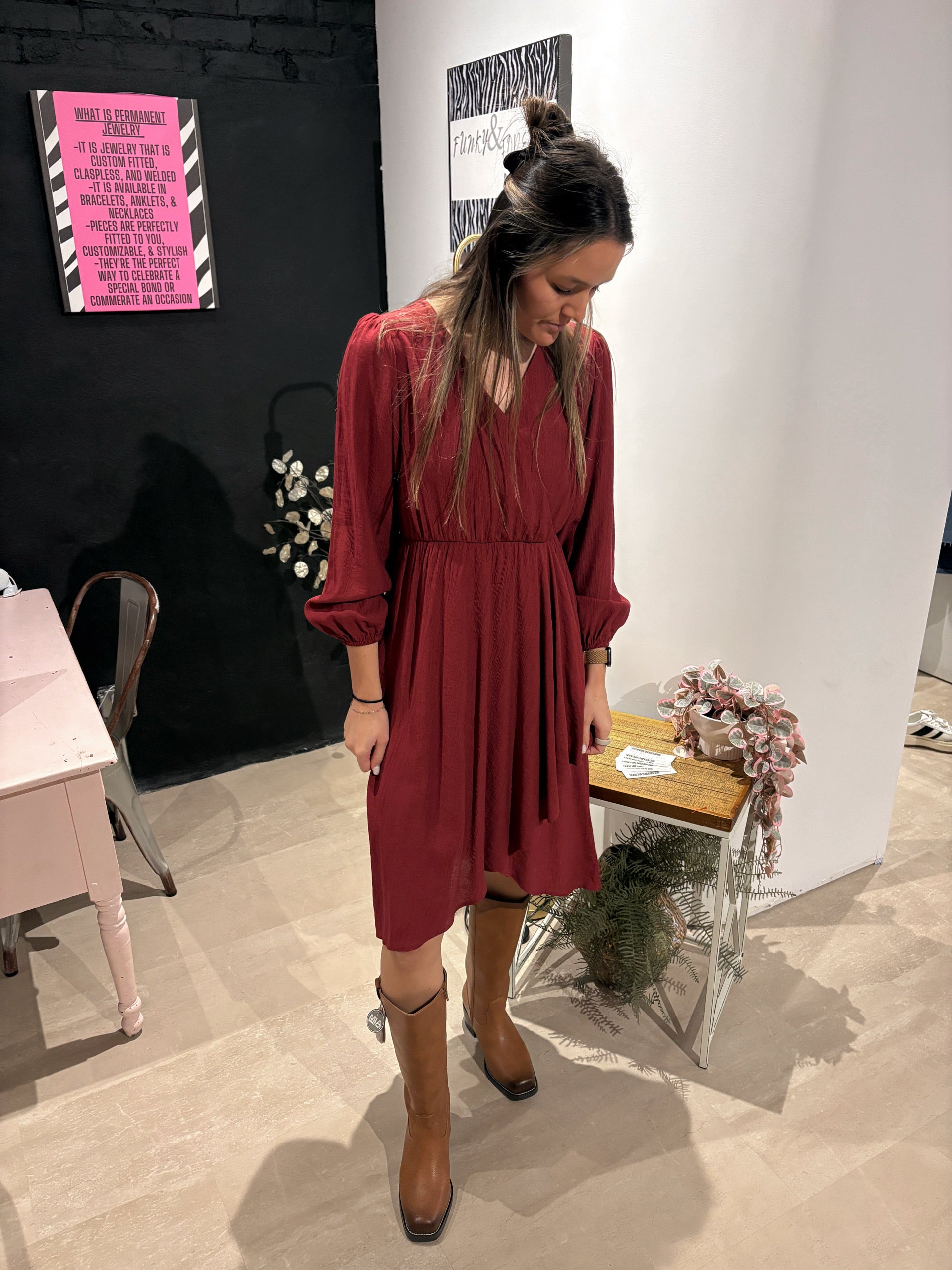 Surplice Long Sleeve Flare Hem Midi Dress-Dresses-Gilli-The Funky Zebra Ames, Women's Fashion Boutique in Ames, Iowa