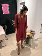 Surplice Long Sleeve Flare Hem Midi Dress-Dresses-Gilli-The Funky Zebra Ames, Women's Fashion Boutique in Ames, Iowa