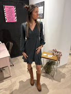 Long Sleeve Surplice Mini Dress with Ruffle-The Funky Zebra Ames-The Funky Zebra Ames, Women's Fashion Boutique in Ames, Iowa