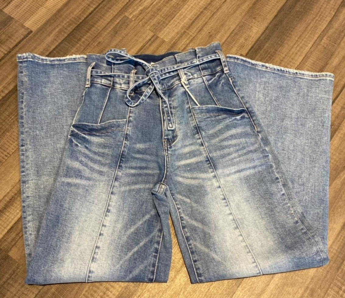 MN Retro Blue Paperbag Wide Leg-Pants-The Funky Zebra Ames-The Funky Zebra Ames, Women's Fashion Boutique in Ames, Iowa